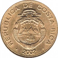 obverse of 10 Colones (2002) coin with KM# 228.2 from Costa Rica. Inscription: REPUBLICA DE COSTA RICA 2002