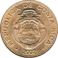 Costa Rica coin 10 Colones (2002) obverse obverse of 10 Colones (2002) coin with KM# 228.2 from Costa Rica. Inscription: REPUBLICA DE COSTA RICA 2002