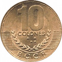 reverse of 10 Colones (2002) coin with KM# 228.2 from Costa Rica. Inscription: 10 COLONES B.C.C.R.