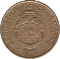 obverse of 50 Colones (2002) coin with KM# 231.1a from Costa Rica. Inscription: REPUBLICA DE COSTA RICA AMERICA CENTRAL REPUBLICA DE COSTA RICA · 2002 ·