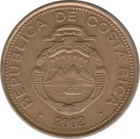 Costa Rica coin 50 Colones (2002) obverse obverse of 50 Colones (2002) coin with KM# 231.1a from Costa Rica. Inscription: REPUBLICA DE COSTA RICA AMERICA CENTRAL REPUBLICA DE COSTA RICA · 2002 ·