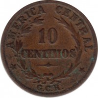 reverse of 10 Céntimos (1929) coin with KM# 170 from Costa Rica. Inscription: AMERICA CENTRAL 10 CENTIMOS G.C.R.