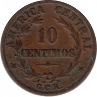 Costa Rica coin 10 Céntimos (1929) reverse reverse of 10 Céntimos (1929) coin with KM# 170 from Costa Rica. Inscription: AMERICA CENTRAL 10 CENTIMOS G.C.R.