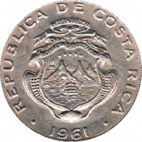 obverse of 1 Colón (1961) coin with KM# 186.1a from Costa Rica. Inscription: REPUBLICA DE COSTA RICA 1961
