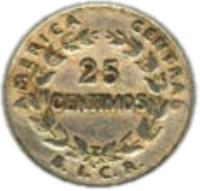 reverse of 25 Céntimos (1935) coin with KM# 171 from Costa Rica. Inscription: AMERICA CENTRAL 25 CENTIMOS B. I. C. R.