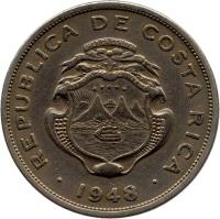 obverse of 50 Céntimos (1937 - 1948) coin with KM# 176 from Costa Rica. Inscription: REPUBLICA DE COSTA RICA 1937