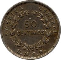reverse of 50 Céntimos (1937 - 1948) coin with KM# 176 from Costa Rica. Inscription: AMERICA CENTRAL 50 CENTIMOS B.N.C.R