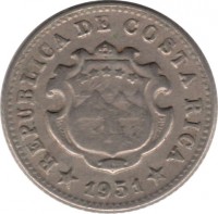 obverse of 5 Céntimos - BC CR separated (1951) coin with KM# A184 from Costa Rica. Inscription: REPUBLICA DE COSTA RICA 1951
