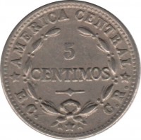 Costa Rica coin 5 Céntimos - BC CR separated (1951) reverse reverse of 5 Céntimos - BC CR separated (1951) coin with KM# A184 from Costa Rica. Inscription: AMERICA CENTRAL 5 CENTIMOS B.C. C.R.