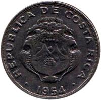 obverse of 1 Colón (1954) coin with KM# 186.1 from Costa Rica.