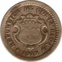 obverse of 5 Centavos (1917 - 1919) coin with KM# 147 from Costa Rica. Inscription: REPUBLIC DE COSTA RICA 1919