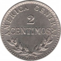 reverse of 2 Céntimos (1903) coin with KM# 144 from Costa Rica. Inscription: AMERICA CENTRAL 2 CENTIMOS