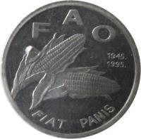 Croatia coin 1 Lipa - FAO (1995) obverse obverse of 1 Lipa - FAO (1995) coin with KM# 13 from Croatia. Inscription: F A O 1945. 1995. FIAT PANIS