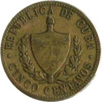 obverse of 5 Centavos (1943) coin with KM# 11.3a from Cuba. Inscription: REPUBLICA DE CUBA · CINCO CENTAVOS ·