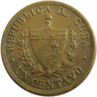 obverse of 1 Centavo (1943) coin with KM# 9.2a from Cuba. Inscription: REPUBLICA DE CUBA UN CENTAVO