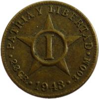 Cuba coin 1 Centavo (1943) reverse reverse of 1 Centavo (1943) coin with KM# 9.2a from Cuba. Inscription: PATRIA Y LIBERTAD I * 2.3 GR. * 1943 * 300M *