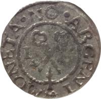reverse of 1 Solidus (1563 - 1580) coin from Livonia. Inscription: MONETA.NO.ARGENT