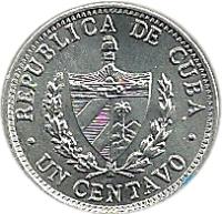 obverse of 1 Centavo (1963 - 2014) coin with KM# 33 from Cuba. Inscription: REPUBLICA DE CUBA · UN CENTAVO ·