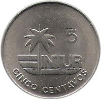 reverse of 5 Centavos - INTUR (1981 - 1989) coin with KM# 412 from Cuba. Inscription: 5 INTUR CINCO CENTAVOS