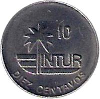 Cuba coin 10 Centavos - INTUR (1989) reverse reverse of 10 Centavos - INTUR (1989) coin with KM# 415.2a from Cuba. Inscription: 10 INTUR DIEZ CENTAVOS