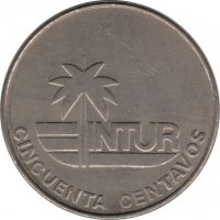 Cuba coin 50 Centavos - INTUR (1981) reverse reverse of 50 Centavos - INTUR (1981) coin with KM# 420 from Cuba. Inscription: INTUR CINCUENTA CENTAVOS