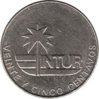 Cuba coin 25 Centavos - INTUR (1981) reverse reverse of 25 Centavos - INTUR (1981) coin with KM# 417 from Cuba. Inscription: INTUR VEINTE Y CINCO CENTAVOS