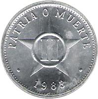 Cuba coin 2 Centavos (1983 - 2010) reverse reverse of 2 Centavos (1983 - 2010) coin with KM# 104 from Cuba. Inscription: PATRIA O MUERTE · 1985 ·