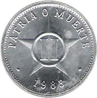 reverse of 2 Centavos (1983 - 2010) coin with KM# 104 from Cuba. Inscription: PATRIA O MUERTE · 1985 ·