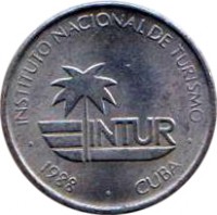 obverse of 1 Centavo - INTUR (1988) coin with KM# 410 from Cuba. Inscription: INSTITUTO NACIONAL DE TURISMO · 1988 · CUBA ·