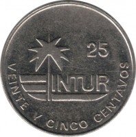 Cuba coin 25 Centavos - INTUR (1989) reverse reverse of 25 Centavos - INTUR (1989) coin with KM# 418.2a from Cuba. Inscription: 25 INTUR VEINTE Y CINCO CENTAVOS