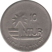 Cuba coin 10 Centavos - INTUR (1989) reverse reverse of 10 Centavos - INTUR (1989) coin with KM# 415.3 from Cuba. Inscription: 10 INTUR DIEZ CENTAVOS