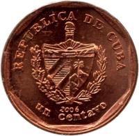 obverse of 1 Centavo (2000 - 2013) coin with KM# 729 from Cuba. Inscription: REPUBLICA DE CUBA 2006 un centavo