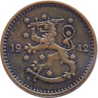 obverse of 1 Markka (1940 - 1951) coin with KM# 30a from Finland. Inscription: 19 41