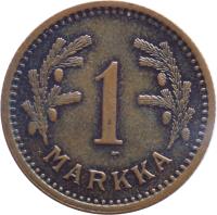 reverse of 1 Markka (1940 - 1951) coin with KM# 30a from Finland. Inscription: 1 MARKKA