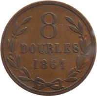 Guernsey coin 8 Doubles - Victoria / Edward VII / George V (1864 - 1911) reverse reverse of 8 Doubles - Victoria / Edward VII / George V (1864 - 1911) coin with KM# 7 from Guernsey. Inscription: 8 DOUBLES 1864