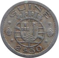Guinea-Bissau coin 2 1/2 Escudos (1952) obverse obverse of 2 1/2 Escudos (1952) coin with KM# 9 from Guinea-Bissau. Inscription: GUINÉ 2$50