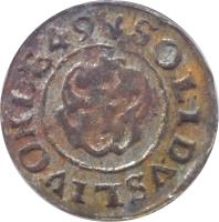 Livonia coin 1 Solidus - Christina (1645 - 1654) reverse reverse of 1 Solidus - Christina (1645 - 1654) coin with KM# 2 from Livonia. Inscription: SOLIDUS LIVONIA