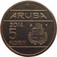 Aruba coin 5 Florin - Willem-Alexander (2014) reverse reverse of 5 Florin - Willem-Alexander (2014) coin with KM# 58 from Aruba. Inscription: ARUBA 2014 5 FLORIN