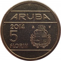 reverse of 5 Florin - Willem-Alexander (2014) coin with KM# 58 from Aruba. Inscription: ARUBA 2014 5 FLORIN