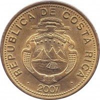 Costa Rica coin 25 Colones - 2'nd Coat of Arms; Magnetic (2007) obverse obverse of 25 Colones - 2'nd Coat of Arms; Magnetic (2007) coin with KM# 229a from Costa Rica. Inscription: REPUBLICA DE COSTA RICA AMERICA CENTRAL REPUBLICA DE COSTA RICA 2007