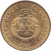 obverse of 25 Colones - 2'nd Coat of Arms; Magnetic (2007) coin with KM# 229a from Costa Rica. Inscription: REPUBLICA DE COSTA RICA AMERICA CENTRAL REPUBLICA DE COSTA RICA 2007