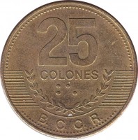 Costa Rica coin 25 Colones - 2'nd Coat of Arms; Magnetic (2007) reverse reverse of 25 Colones - 2'nd Coat of Arms; Magnetic (2007) coin with KM# 229a from Costa Rica. Inscription: 25 COLONES B.C.C.R.