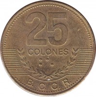 reverse of 25 Colones - 2'nd Coat of Arms; Magnetic (2007) coin with KM# 229a from Costa Rica. Inscription: 25 COLONES B.C.C.R.