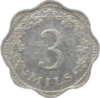 Malta coin 3 Mils (1972 - 2006) reverse reverse of 3 Mils (1972 - 2006) coin with KM# 6 from Malta. Inscription: 3 MILS
