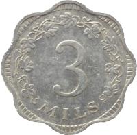reverse of 3 Mils (1972 - 2006) coin with KM# 6 from Malta. Inscription: 3 MILS