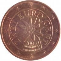 obverse of 2 Euro Cent (2002 - 2015) coin with KM# 3083 from Austria. Inscription: ZWEI EURO CENT 2003