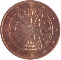 Austria coin 2 Euro Cent (2002 - 2015) obverse obverse of 2 Euro Cent (2002 - 2015) coin with KM# 3083 from Austria. Inscription: ZWEI EURO CENT 2003