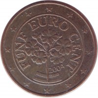 obverse of 5 Euro Cent (2002 - 2015) coin with KM# 3084 from Austria. Inscription: FÜNF EURO CENT 2004