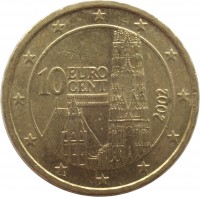 obverse of 10 Euro Cent - 1'st Map (2002 - 2007) coin with KM# 3085 from Austria. Inscription: 10 EURO CENT 2002