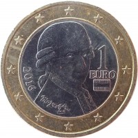 obverse of 1 Euro - 2'nd Map (2008 - 2017) coin with KM# 3142 from Austria. Inscription: 1 EURO 2016